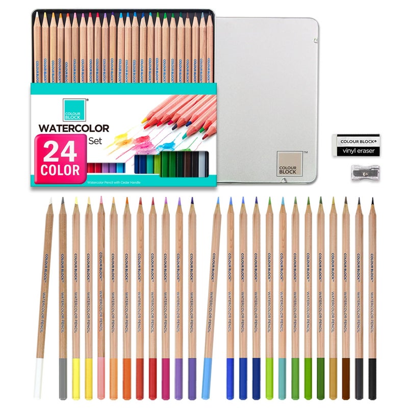 COLOUR BLOCK 24PC Premium Cedar Wood Watercolor Pencil Set with I Ideal pencil kit for Drawing, Sketching, Coloring and Painting travel watercolor pencils - Image 1